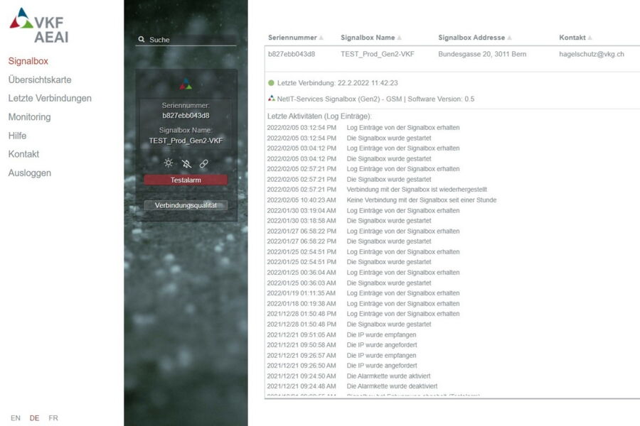 Portail « Protection grêle – tout simplement automatique » pour les utilisateurs - Capture d'écran de la page d'accueil
