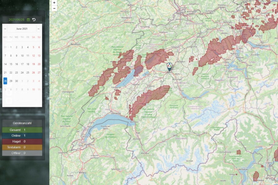 Portail « Protection grêle – tout simplement automatique » - Carte synoptique des alertes grêle au 28 juin 2021