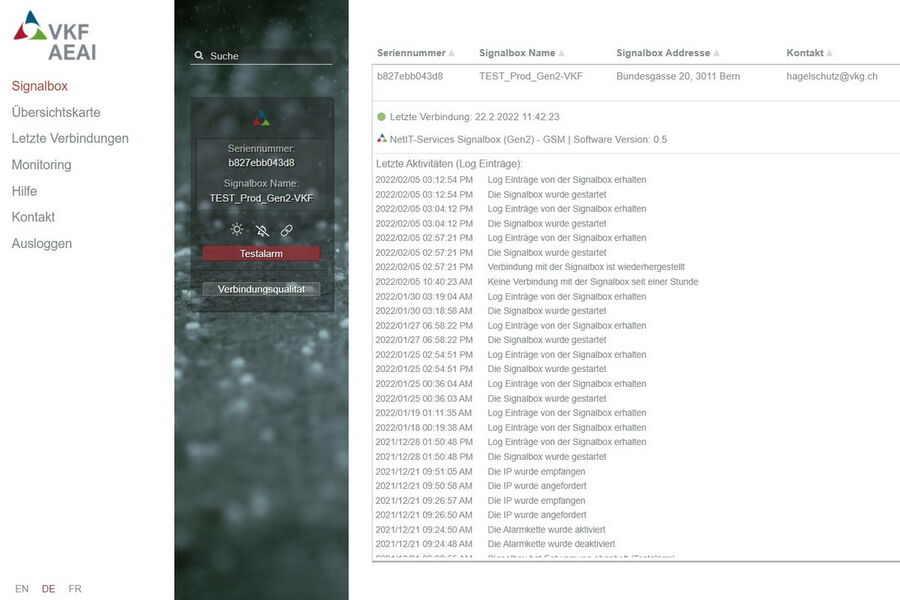 Portail « Protection grêle – tout simplement automatique » pour les utilisateurs - Capture d'écran de la page d'accueil